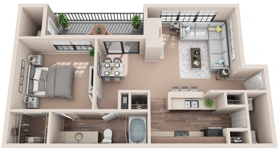 Floor plan for 1 bed, 1 bath, 781 sqft